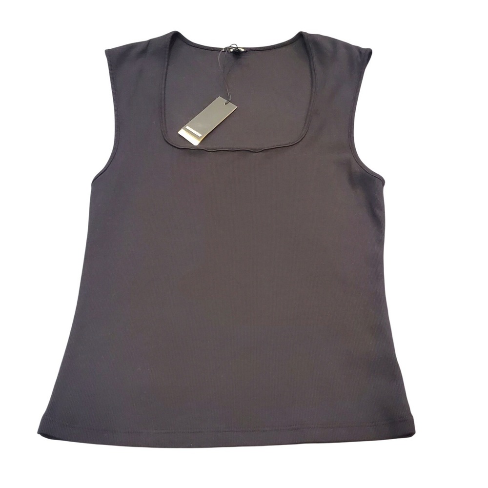 NWT MONROW Black Ribbed Square Neck Tank Top Sz L Made in USA Quiet Luxury Cami